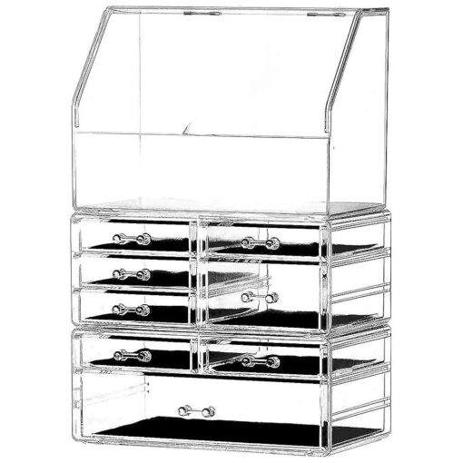 Cq acrylic Cosmetic Display Cases With LId Dustproof Waterproof for Bathroom Countertop Stackable Clear Makeup Organizer and Storage With 8 Drawers, Set of 3