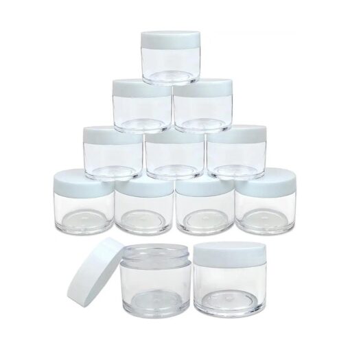 Beauticom 12 Piece 1 oz, USA Acrylic Round Clear Jars with Flat Top Lids for Creams, Lotions, Make Up, Cosmetics, Samples, Herbs, Ointments ( 12 Pieces Jars + Lids, WHITE )