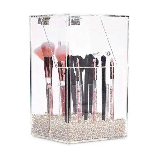 Acrylic Clear Makeup Brush Holder with Lid and Pearls, Cosmetic Storage Organizer ( 6 x 5.7 x 9.25 In )