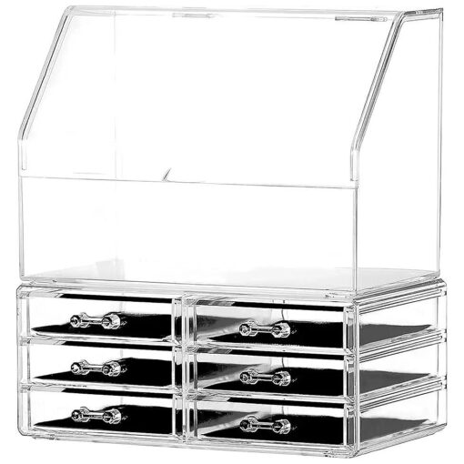 Cq acrylic Cosmetic Display Cases With Lid Dust Water Proof for Bathroom Countertop Stackable Large Clear Makeup Organizer and Storage With 6 Drawers, Set of 2