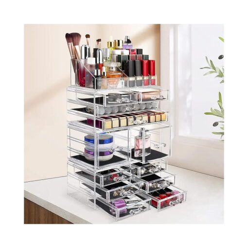 display4top Acrylic Makeup Organizers, 4 Pieces Cosmetic Display Cases with 12 Drawers for Lipstick and Jewerly, Great Vanity, Dresser, Bathroom Organizer ( Clear )