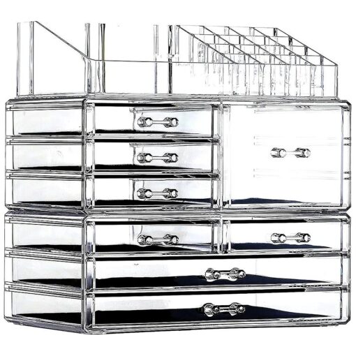 Cq acrylic Clear Makeup Storage Organizer Drawers Skin Care X Large Cosmetic Display Cases Stackable Storage Box With 8 Drawers For Dresser, Set of 3