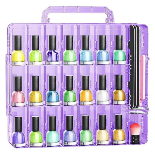 JIASHENG Nail Polish Organizer Case Holders, 48 Bottles Universal Nail Storage Box for Double Side Adjustable Space Divider for Acrylic Nail Gel Dip Powder Tips Set with Toe Separator, Purple