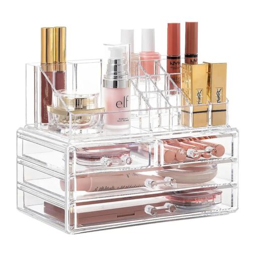 HBlife Acrylic Clear Dustproof Makeup Storage Organizer Drawers Large Skin Care Cosmetic Display Cases for Bathroom Stackable Storage Box with 4 Drawers for Vanity ( Clear )