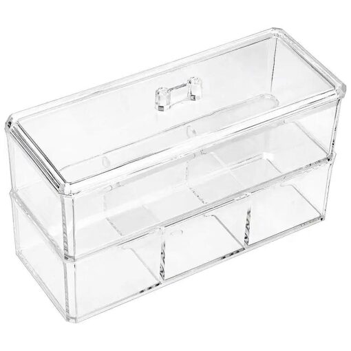 Hipiwe Clear Acrylic Make Up Organizer Box Double Deck Dresser Container Case with Lid for Jewelry Cosmetic Bathroom Storage Holder for Cotton Ball and Swab, Cotton Pad, Q-tip ( 4 Compartment )