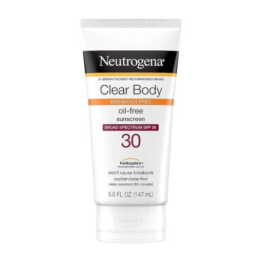 Clear Body Breakout-Free Liquid Sunscreen Lotion for AcneProne Skin, Oil Free Sunscreen, Broad Spectrum SPF 30, Oxybenzone Free, Fragrance Free, Non Comedogenic, Unscented, 5 Fl Oz