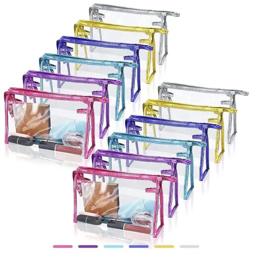 SITAKE 12 Pcs Portable Transparent Cosmetic Bags, Clear Waterproof Makeup Bags with Handle, PVC Travel Toiletry Bags Pouches, Clear Pencil Cases, Stationary Organizers ( 6 Colors )