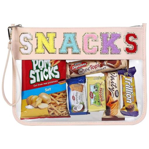 HASIOY Clear Pouch With Patches Snacks Bag Chenille Letter Bag Cosmetic Tote Bag With Gold Shoulder Straps