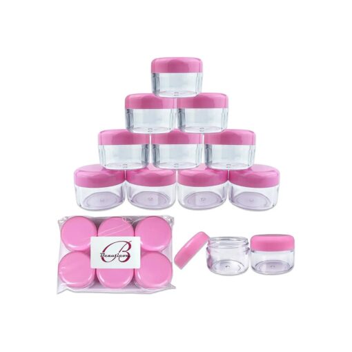 Beauticom 12 Pieces, 30 Gram 30 ML ( 1 Ounce ) Round Clear Refillable Empty Plastic Jars with Pink Screw Cap Lids for Storing Loose Powders and Pigments, Makeup and Beauty Samples - BPA Free