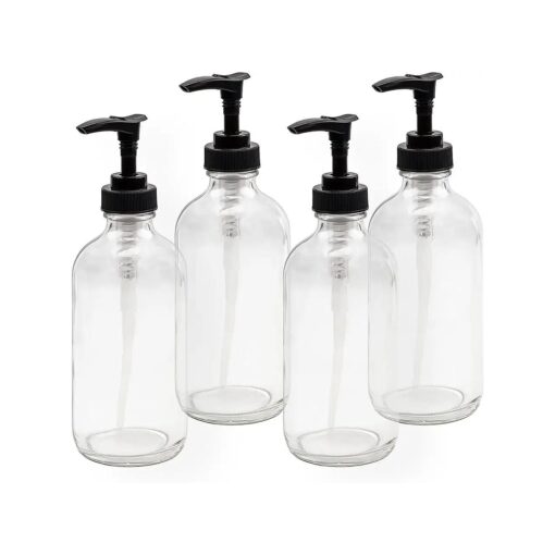 Cornucopia Brands 8oz Clear Glass Pump Bottles ( 4-Pack w/Black Plastic Pumps ), Great as Essential Oil Bottles, Lotion Bottles, Soap Dispensers, and More