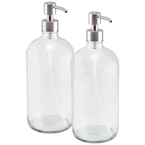 Cornucopia 32oz Glass Pump Bottles with Stainless Steel Pump ( 2-Pack, Clear ) ; Economy Size Soap Dispenser for Massage Oils, Lotions, Liquid Soaps