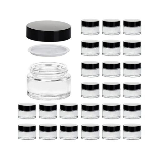 1oz Glass Jar with Lid, Hoa Kinh 25Pack Clear Round Containers Cosmetic Glass Jars with Inner Liners and Black Lids Travel Jars for Storing Lip and Body Scrub, Lotion, Body Butter, Bath Salts, Liquid