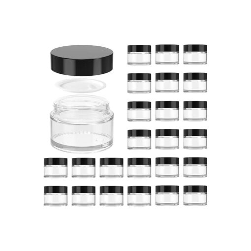 1oz Glass Jar with Lid, Hoa Kinh 40 Pack Clear Round Containers Cosmetic Glass Jars with Inner Liners and Black Lids Travel Jars for Storing Lip and Body Scrub, Lotion, Body Butter, Bath Salts, Liquid