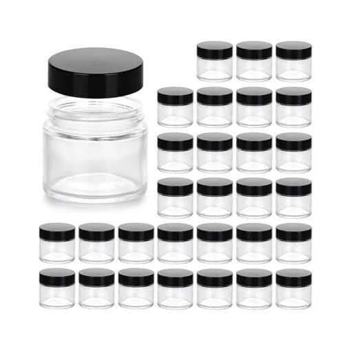 2oz Jars with Lids, HOA Kinh 30 Pack Clear Glass Jars with Lids Empty Cosmetic Containers Round Airtight Glass Jar with Inner Liners and black Lids for Storing Lotions, Powders, and Ointments