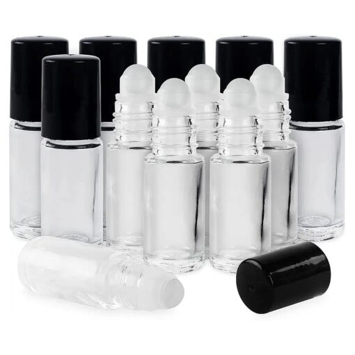 Super Z Outlet Clear ( 1/6 Oz/5 ml ) Plain Glass Container Tubes Roll-On Bottles with Ball Tips and Black Caps for Homemade Lip Care Products, Essential Oils, Cosmetic Gift, Perfumes ( 24 Pack )