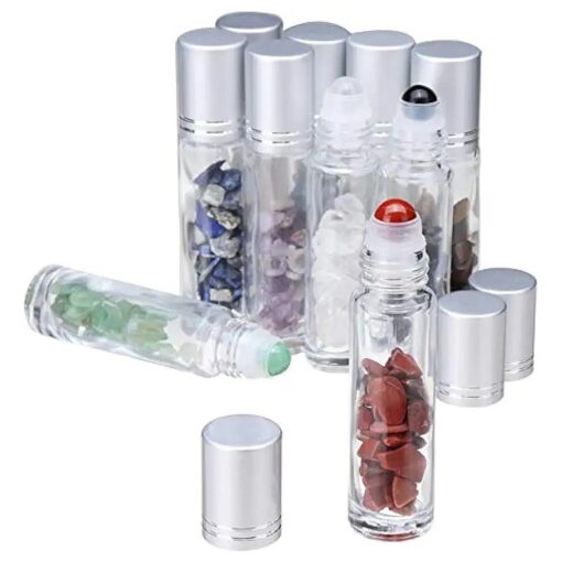 Clear Glass Roller Bottles,10 Pack 10ml 0.33fl oz Gemstone Roller Ball For Essential Oils, Natural Crystal Stones Roller Balls With Silver Lid, Thick Glass Roll on Bottle-Healing Crystal Chips Inside