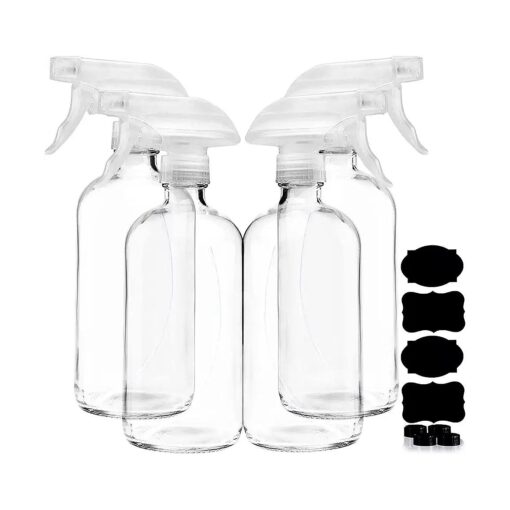 Clear Glass Spray Bottles For Cleaning Solutions ( 4 Pack ) - 16 Ounce, Refillable Sprayer for Essential Oil, Water, Kitchen, Hair, Durable Black Trigger Sprayer w/Mist and Stream Settings ( Clear )