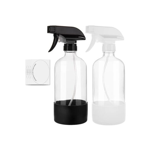 Glass Spray Bottles for Cleaning Solutions, 16oz Reusable Clear Empty Mist Spray Bottle with Silicone Sleeve for Plants, Essential oils and Hair 2 Pack