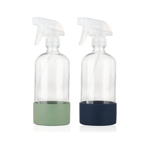 HOMBYS Empty Clear Glass Spray Bottles with Silicone Sleeve Protection - Refillable 16 oz Containers - 2 Pack