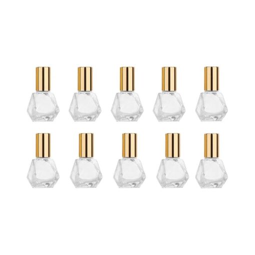 10 PCS Mini Portable Polygonal Clear Glass Roller Bottle,8ml/0.27oz DIY Travel Essential Oil Roll On Bottle with Stainless Steel Ball Gold Cap