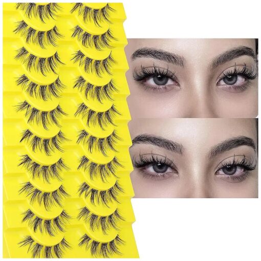 Yawamica Manga Lashes Natural False Eyelashes Wispy Strip Lashes 15MM Fake Eyelashes Clear Band Anime Lashes Cosplay Japanese Korea Eyelashes 10 Pairs by Yawamica