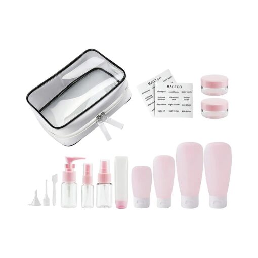 MAGIGO Pink Toiletries Leak Proof Travel Bottle Set ( 16 Pack ), TSA Approved Airline Carry-On with Clear Bags for Women