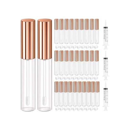 KPX 30 Pcs lip Gloss Tube Containers Bulk Wand 10ml Empty Clear Pink Lip Oil Tubes Refillable Lip Balm Bottles with Rubber Insert for DIY Makeup Such as Lip Samples, Homemade Lip Balm ( Rose Golden )