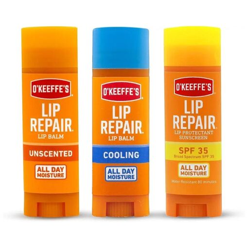 O'Keeffe 's Lip Repair Lip Balm for Dry, Cracked Lips, Stick, ( Pack of 3 : 1 Cooling + 1 Unscented + 1 SPF )