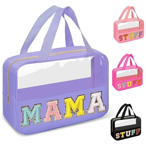 Chenille Letter Clear Makeup Bags Mama Tote, Preppy Patch Makeup Bag Zipper with Handle, Waterproof PVC & Nylon Portable Glitter Large Cosmetic Travel Toiletry Storage Bag for Women Girls ( MAMA-Purple )