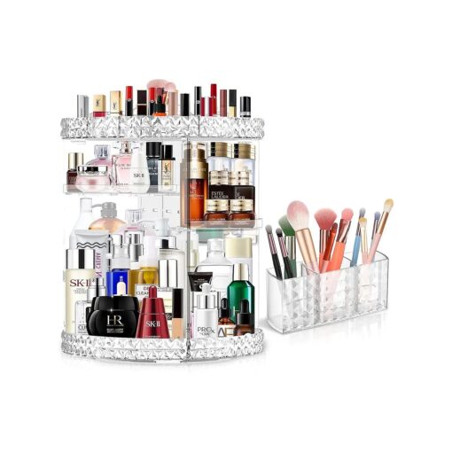 360 Rotating Makeup Organizer for Vanity + Makeup Brush Holder, Perfume Organizer with 6 DIY Adjustable Layer, Large Capacity Skincare Organizers, Lazy Susan Make up Organizer for Bedroom Dresser, Clear