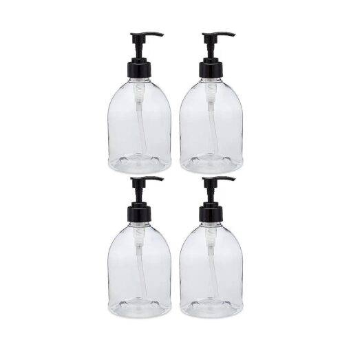 ( 4 Pack with Patented Screw-On Funnel ) Earth 's Essentials Versatile 16 Ounce PET Plastic Refillable Designer Pump Bottles, Excellent Liquid Hand Soap, Lotion, Shampoo and Massage Oil Dispensers