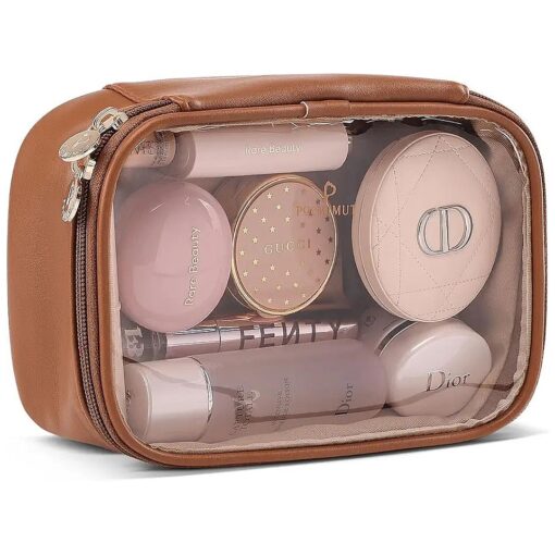 Pocmimut Clear Makeup Bag, PU Leather Small Cosmetics Bag Makeup Pouch Car Accessories Storage Travel Essentials Organizers for Women and Girl ( Brown )