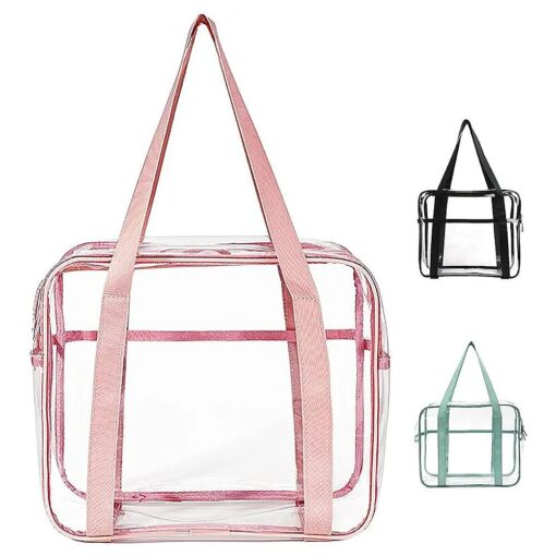 SxoSyo Clear Makeup Bags Large Travel Toiletry Bag for Women Transparent Bag with Handle Clear Cosmetic Bags Bathroom Organizer Bag PVC Tote Zipper Closure Handbag Beach Bag ( pink )