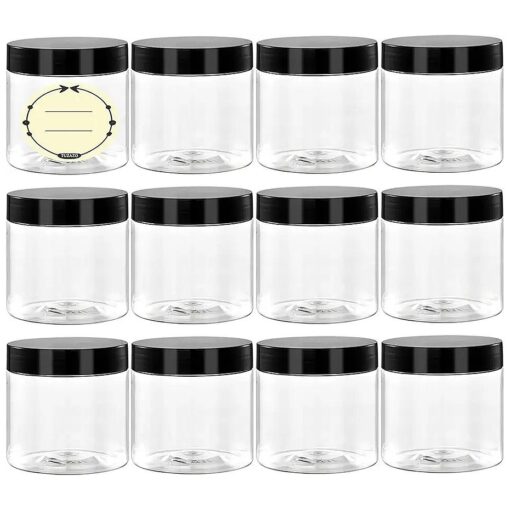 TUZAZO 4 Oz Plastic Container Jars with Lids and Labels BPA Free, Empty Round Clear Cosmetic Slime Jars for Lotion, Cream, Ointments, Body Butter, Makeup, Travel Storage ( 12 Pack )