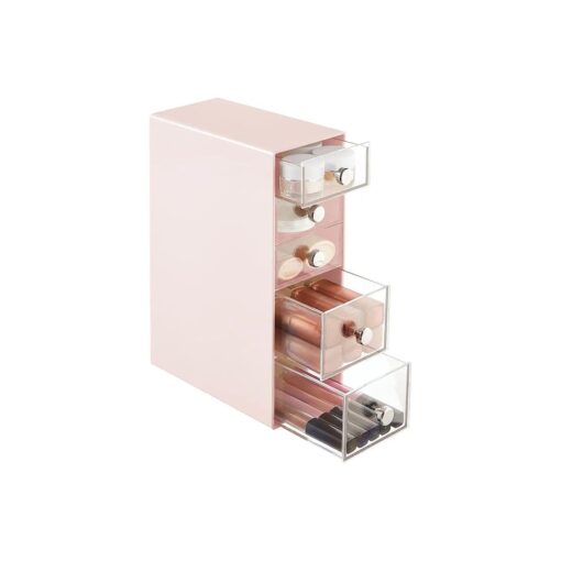 mDesign Plastic 5-Drawer Organizer for Makeup Storage - 5-Tier Storage Organizer - Stackable Organization with Pull-Out Drawers for Bathroom, Vanity, or Desk - Lumiere Collection, Light Pink/Clear