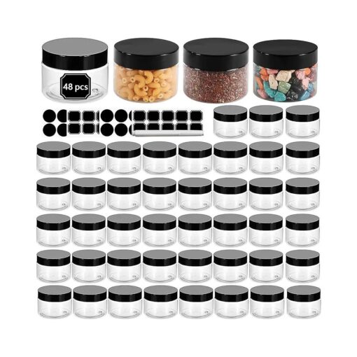 48 Pack 120ml 4 oz Empty Clear Plastic Jars with Black Lids, Refillable Round Containers for Slime, Beauty Products, powder, Cream, Scrubs, Cookie, Dried Fruit, Include 1 Pen and 120 Labels .