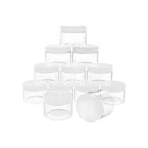 4 oz Plastic Pot Jars Round Clear Leak Proof Plastic Cosmetic Container Jars with White Lids for Cosmetic, Lotion, Cream, Eye shadow, 12 Pcs .