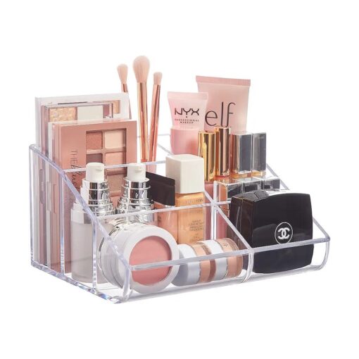 STORi Clear Plastic Vanity Makeup Organizer | 6-Compartment Holder for Brushes, Eyeshadow Palettes, & Beauty Supplies | Curved Front Design | Made in USA