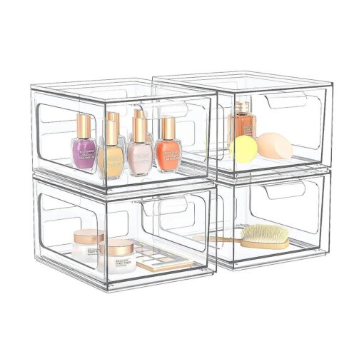 4 Pack Stackable Plastic Makeup Organizer Drawers, Acrylic Organizers, Clear Storage Bins with Pull-Out Handles for Vanity, Kitchen Cabinets, Pantry