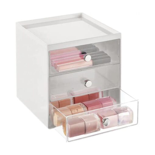 mDesign Plastic 3 Drawer Organizer for Makeup Storage - Large Stackable Makeup Organization and Storage Cube with Drawers for Bathroom, Vanity, Desk - Makeup Storage Drawers - Light Gray/Clear