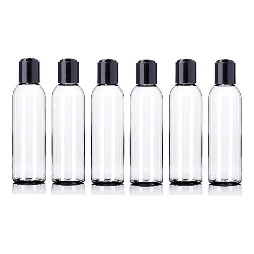 ljdeals 4 oz Clear Plastic Empty Bottles with Black Disc Top Caps, Squeezable Refillable Containers for Shampoo, Lotions, Cream and more Pack of 6, BPA Free, Made in USA