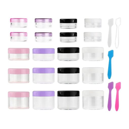 Accmor 20 Pieces Empty Clear Plastic Sample Containers with Lids 3/5/ 10/15/ 20 Gram Size Cosmetic Jars with 5 Pieces Mini Spatulas ( random color )