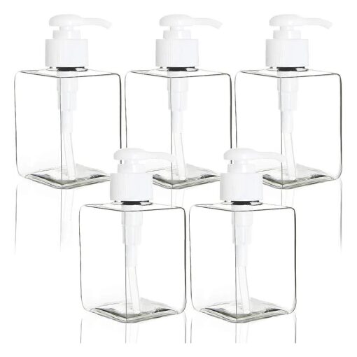 Youngever 5 Pack Clear Plastic Square Pump Bottles, Refillable Plastic Pump Bottles for Dispensing Lotions, Shampoos ( 12 Ounce )