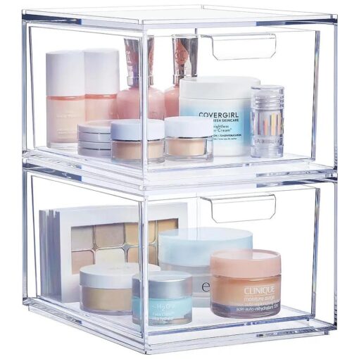 STORi Audrey Stackable Clear Bin Plastic Organizer Drawers | 2 Piece Set | Organize Cosmetics and Beauty Supplies on a Vanity | Made in USA