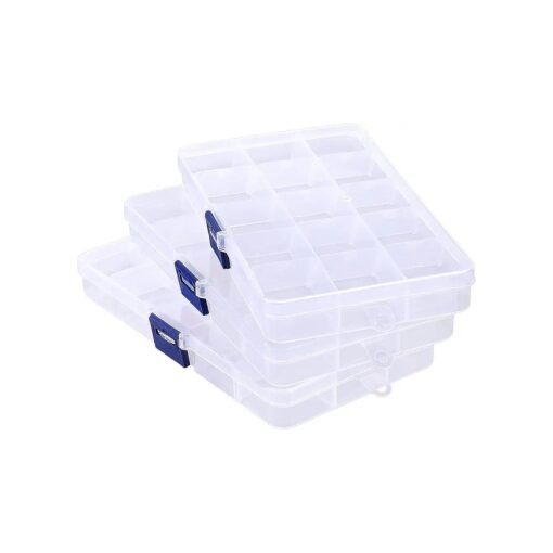 Fake Nail Storage Box, 3PCS 15-Grid Rhinestone Organizer Case with Divider, Clear Plastic Empty Container for Art Craft Sewing Screw Rock Collection Fishing Tackle, Bead Jewelry Display Holder