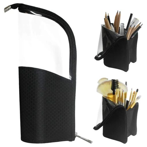 ANEMEL Black Travel Makeup Brush Holder, Organizer Bag Clear Plastic Cosmetic Zipper Pouch Portable Waterproof Dust-Free Stand-Up Small Toiletry Stationery Bag with Divider