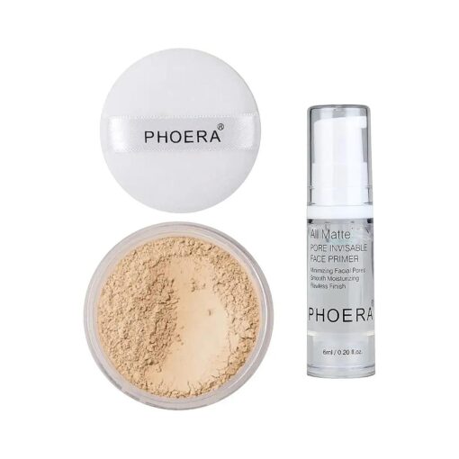 2 Pcs PHOERA Setting Powder and Face Primer, Control Oil Brighten Skin Color Cover Face Setting Loose Powder, ( 02 Cool Beige + makeup primer )