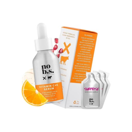 No BS Vitamin C + E Serum - For Face and Clear Skin, With Hyaluronic Acid, Gotu Kola, and Ferulic Acid, Vegan ( 1oz ), Includes 2 Skincare Deluxe Minis