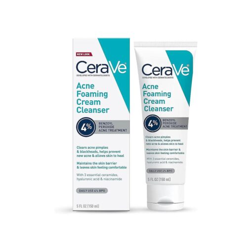 CeraVe Acne Foaming Cream Cleanser | Acne Treatment Face Wash with 4 % Benzoyl Peroxide, Hyaluronic Acid, and Niacinamide | Cream to Foam Formula | Fragrance Free & Non Comedogenic | 5 Oz