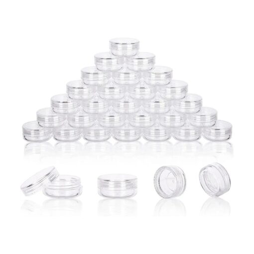 3 Gram Sample Containers with Lids, 50 Count Clear Sample Jars, Empty Lip Balm Containers, Mini Cosmetic Containers with Lids, Makeup Travel Containers with Labels, Mini Disposable Spatulas